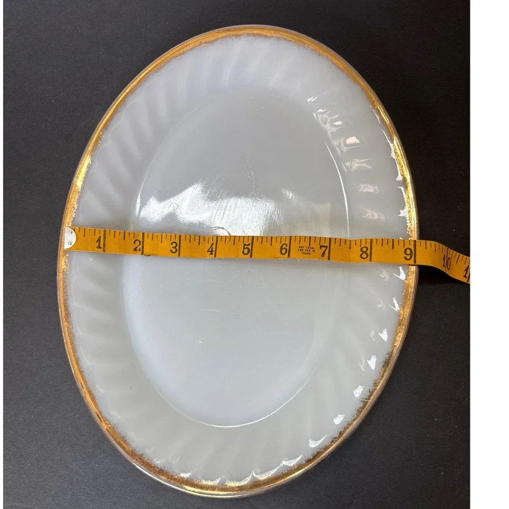 Vintage Fire-King Milk Glass Swirl Oval Platter Gold Gilt Trim 12 Inch White